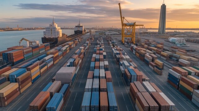 Shipping containers logistics infrastructure in seaport cargo terminal at sunset, commercial port operations