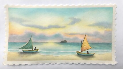 Watercolor painting of sailboats on the beach at sunset or sunrise with calm waters