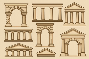 Fototapeta premium Classical Architecture Elements Illustration with Arches, Columns, and Pediments
