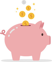 Pink piggy bank receiving coins illustration for saving money and financial growth isolated on transparent background