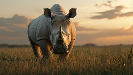 Obraz premium Battle-ready rhinoceros with horn enhancements, savanna backdrop, 3D illustration