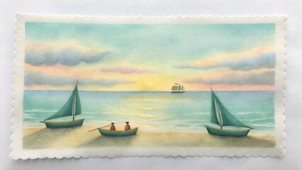 Serene sunset scene featuring sailing boats and a tranquil ocean landscape artwork
