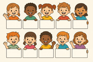 Cartoon Children Holding Blank Signs in Colorful Educational Illustration