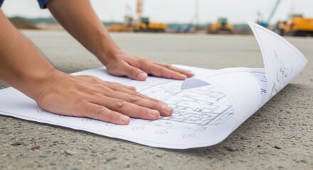 Hands of a construction worker carefully smoothing out architectural blueprints on a concrete surface at a construction site, showcasing planning and design in progress