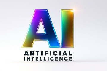 Futuristic ai text with vibrant rainbow gradient and digital glitch effect on a clean white background