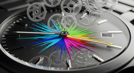 Close-up of a metal wristwatch, whose hands expand into colorful 2D effects and translucent 3D gears floating.