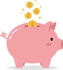 Pink piggy bank with gold coins falling into slot symbolizing savings and financial growth isolated on transparent background