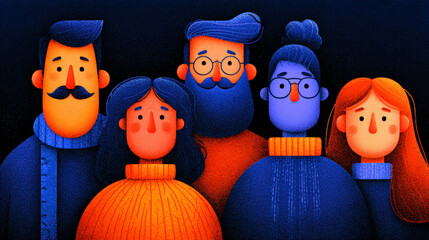Illustration of five stylized characters with expressive faces and colorful hair, showcasing diverse emotions and unique fashion styles.