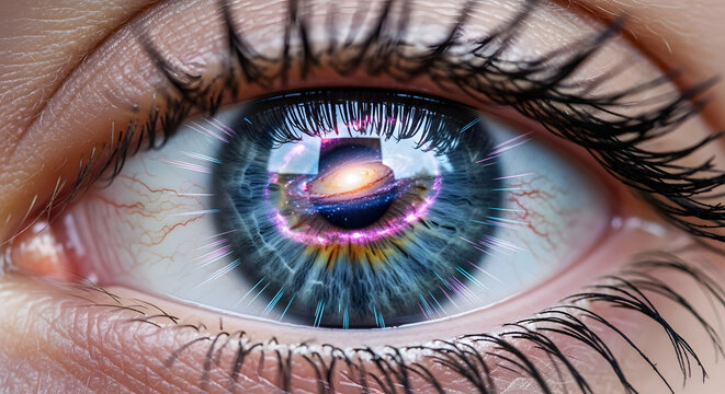 Close-up of a hyper-realistic human eye reflecting a neon galaxy. The irises merge into 2D digital patterns that expand outward from the pupil.
