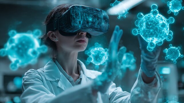 Female Scientist Wearing Virtual Reality Headset Interacting with Digital Virus Models in Laboratory