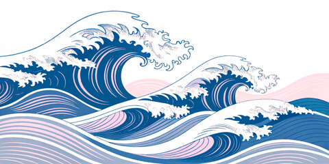 Elegant wave illustration with flowing lines and pastel tones, combining Japanese ukiyo-e style with a contemporary color palette.

