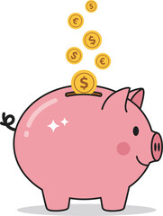 Cute pink piggy bank receiving golden coins for savings and financial growth isolated on transparent background