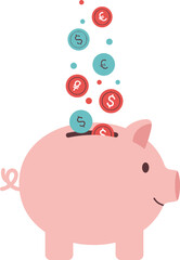 Pink piggy bank receiving colorful coins illustration saving money fun finance isolated on transparent background