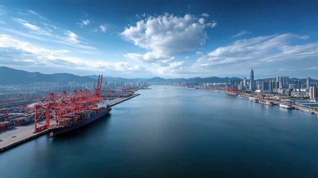 Busy Port Cargo Ship Docking Loading and Unloading