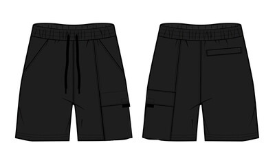 Sweatshorts pant technical drawing fashion flat sketch black color template front and back