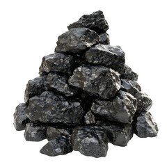 A visually striking pile of shiny black coal rocks arranged in a natural formation. set against a clean white background. ideal for illustrating energy resources or mining themes