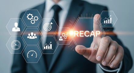 Businessman Touching Recap Icon Surrounded by Business Icons summary review