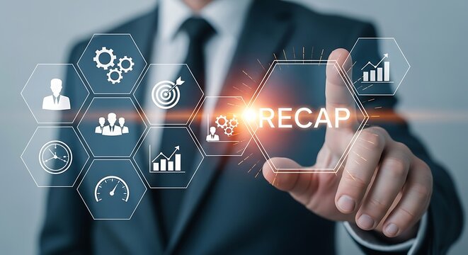 Businessman Touching Recap Icon Surrounded by Business Icons summary review