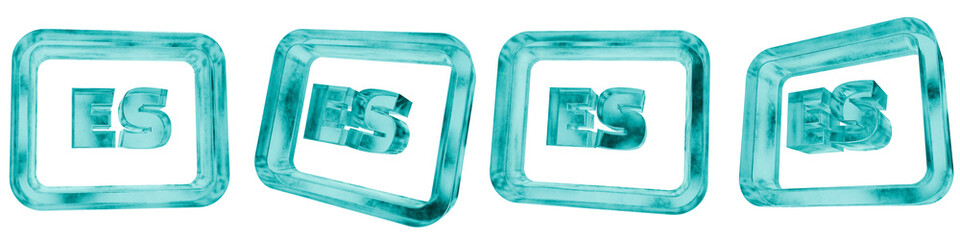Fototapeta premium Set of four 3D spanish language code shapes in frosted blue ice glass style, isolated on a transparent background. Glassmorphism icons and 3D elements for modern graphic design.