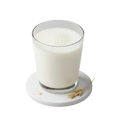 Clear glass tumbler with creamy white milk and delicate bubbles on a white ceramic coaster with a golden oat kernel, 45-degree top-down on a transparent studio background, high-key, Concept of purity