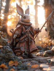 Obraz premium Warrior rabbit with a spear, defending its burrow, 3D illustration