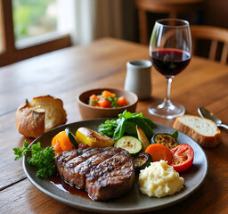 Delicious grilled steak with vegetables and red wine on a wooden table