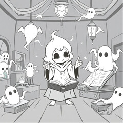 A spectral child chanting ancient spells in a phantom-filled ballroom surrounded by ancient spellbook.