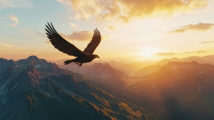 Warrior eagle with steel talons, soaring above mountains, 3D illustration