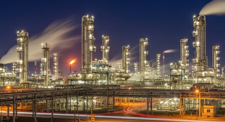 Fototapeta premium A large industrial oil refinery at night with illuminated towers and pipelines.