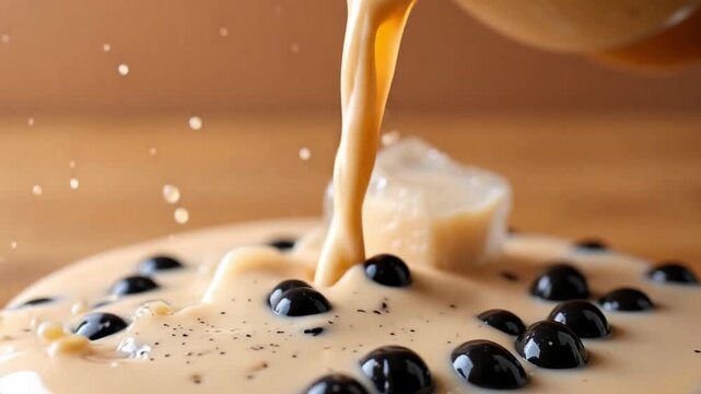 Iced boba milk tea pouring over ice with dynamic splashes, a refreshing beverage scene perfect for food blogs and drink promotions with modern appeal