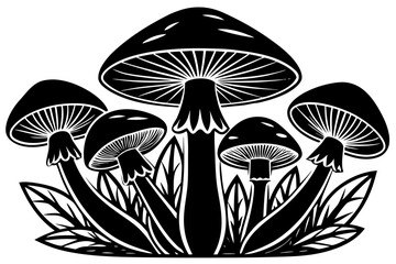 Vector art of group of mushrooms with leaves in black color