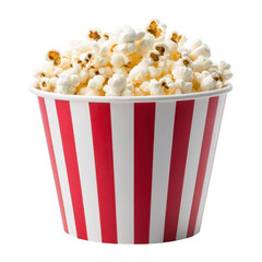 A striped popcorn bucket filled with fluffy. buttery popcorn. set against a clean white background. perfect for illustrating snack time at a movie theater or a fun gathering