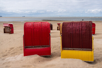 Colorful beach chairs at the beach, Borkum, Germany