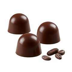 Three gourmet dark chocolate truffles with glossy cocoa nibs, meticulously arranged on a clean transparent background with bright studio lighting. Concept of luxury culinary sophistication