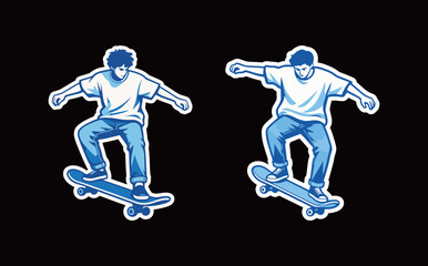 Naklejka premium Dynamic Vector Illustration of Two Skateboarders Performing Tricks and Jumps, Representing Extreme Sports, Urban Culture, Youth Freedom, and Active Street Recreation