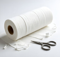 Roll of white medical bandage and scissors isolated on white background
