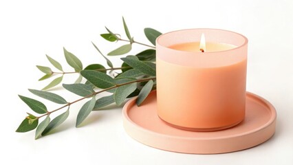 Burning peach candle with eucalyptus branch isolated on white background