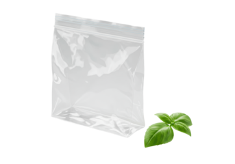 Empty, clear plastic zip-lock bag, subtle wrinkles, precise reflections, vibrant green basil leaf beside it, isolated on transparent background, studio lighting. Concept of product transparency and
