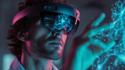 Young Man Wearing Virtual Reality Headset Engaging with Digital Lightning in Dark Tech Environment