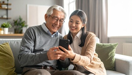 Young woman and her elderly father looking at a mobile phone together. Two generations using technology