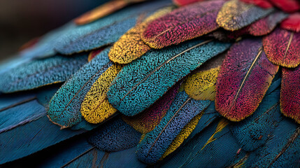 Close-up of a bird's colorful feathers, displaying vibrant shades of blue, red, and yellow with detailed textures.