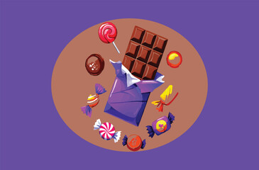 Colorful Candy and Chocolate Bar Illustration on Purple Background