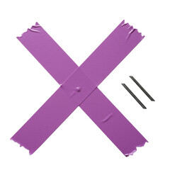Vibrant purple adhesive tape with torn edges forming a minimalist 'X' shape, polished silver staple, on a transparent background with bright studio lighting. Concept of minimalist product design