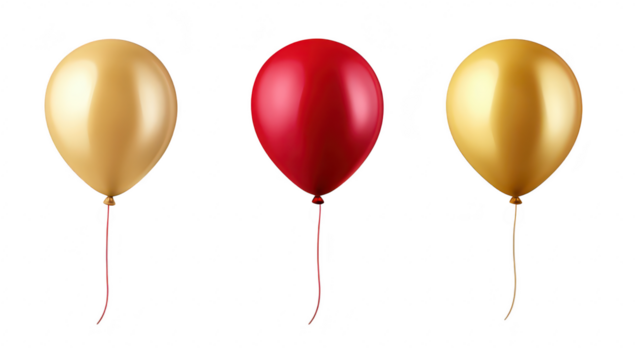A arrangement of three balloons. including a shiny gold balloon. a bold red balloon. and another gold balloon. set against a clean white background. perfect for festive celebrations or party decoratio