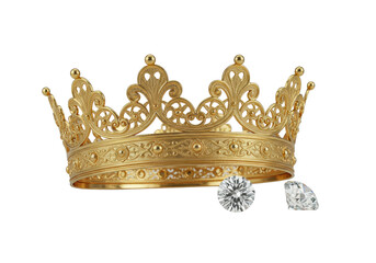 Gleaming, ornate golden crown with filigree and golden orbs, subtle sparkling diamond, macro lens, 45-degree view on gray, high-end product advertisement concept