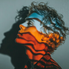 Profile of a young man with curly hair, illuminated by colorful light casting abstract shadows on his face.