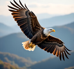 Bald eagle in flight, wings spread wide, soaring over the mountain range