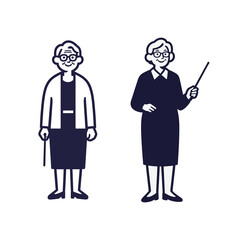 Monochrome vector illustration of two senior women, one holding a cane and one pointing, representing elderly people, teaching, or guidance