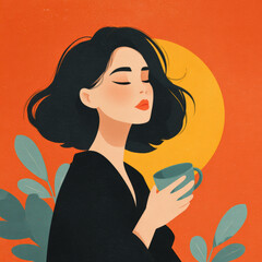 Illustration of a serene woman holding a cup, with a stylized sun backdrop and foliage, exuding a peaceful, cozy vibe.