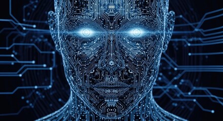 A futuristic, robotic head with glowing eyes and intricate circuitry, set against a dark, technological background.